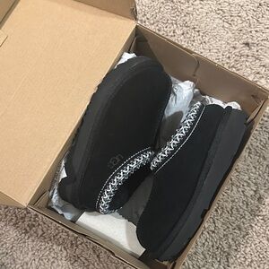 UGG Black Suede Slip-Ons with Patterned Trim